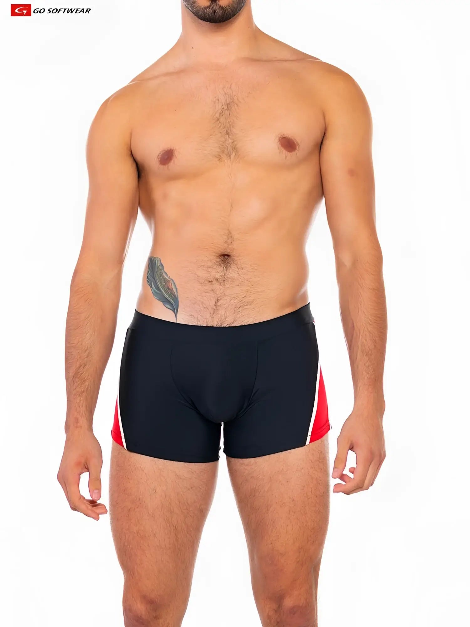 Folsom sq-cut swimsuit black swim trunks with red and white side panels featuring sleek athletic design