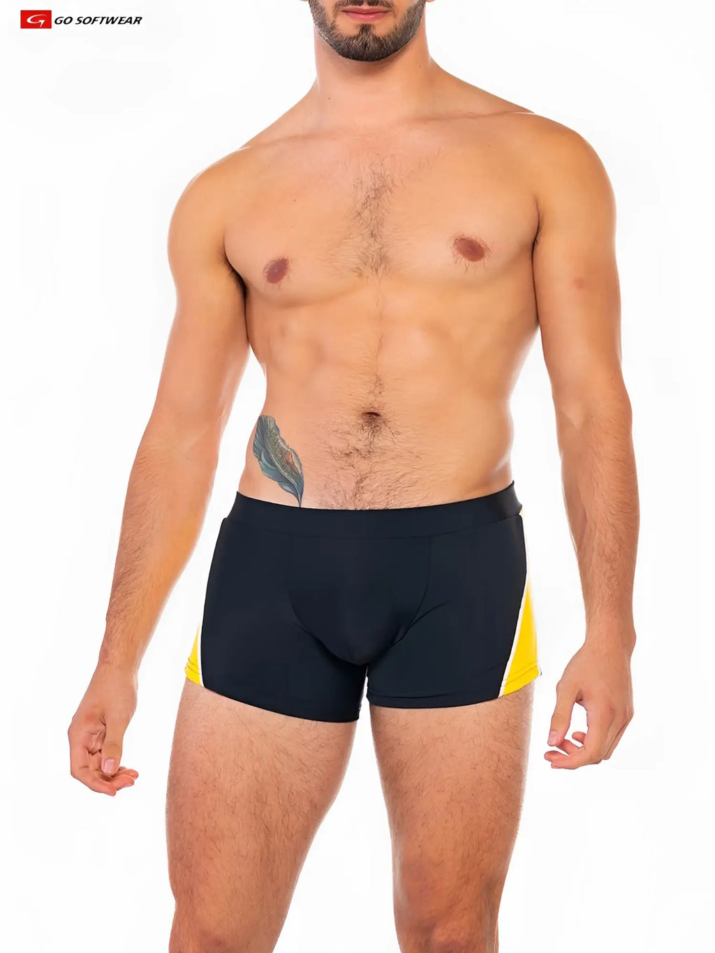 Folsom sq-cut swimsuit black and yellow swim trunks with sleek athletic cut designed for performance swimming