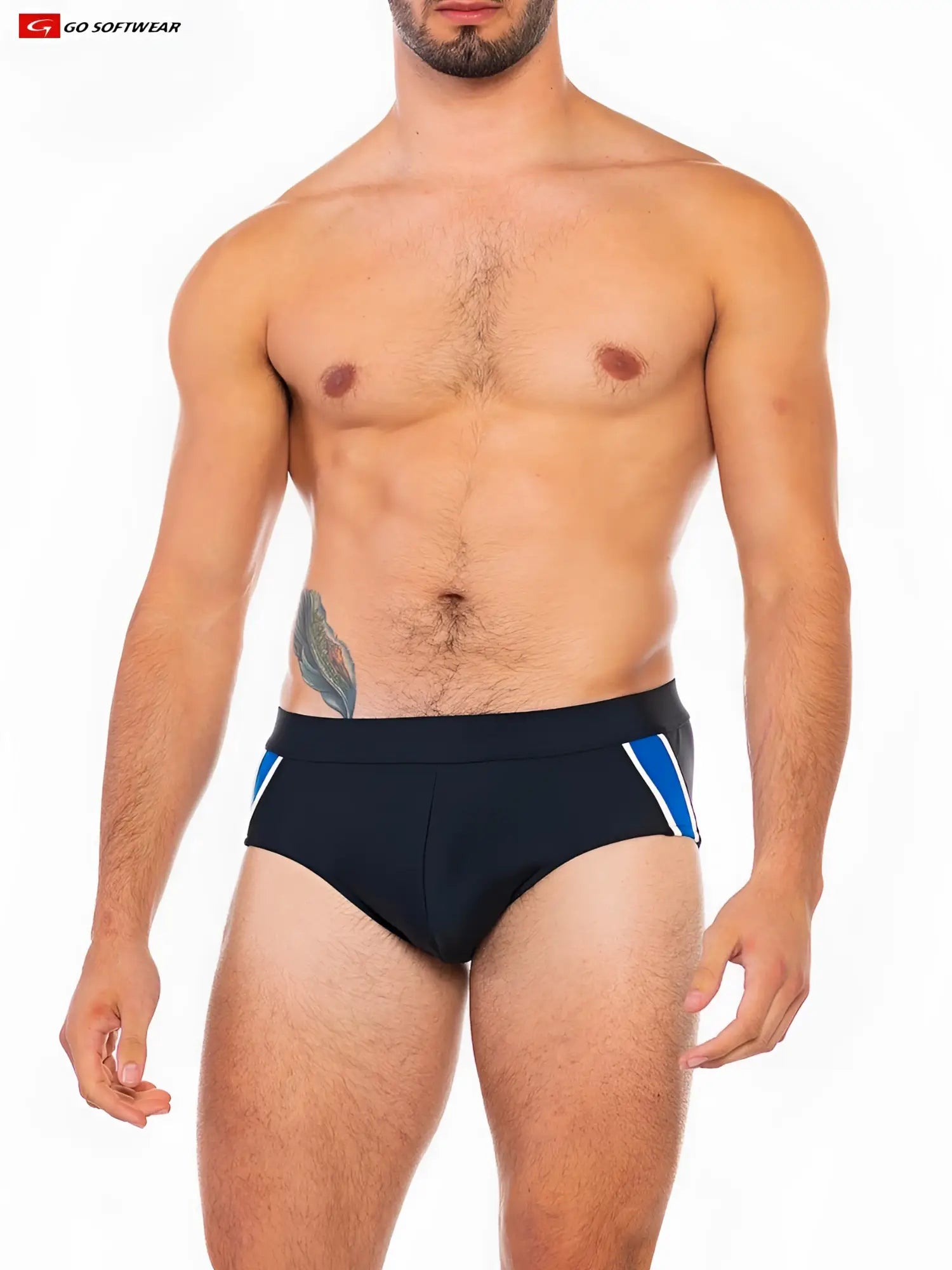Black folsom swim brief with bold blue diagonal stripes on the sides designed for swimming and beachwear