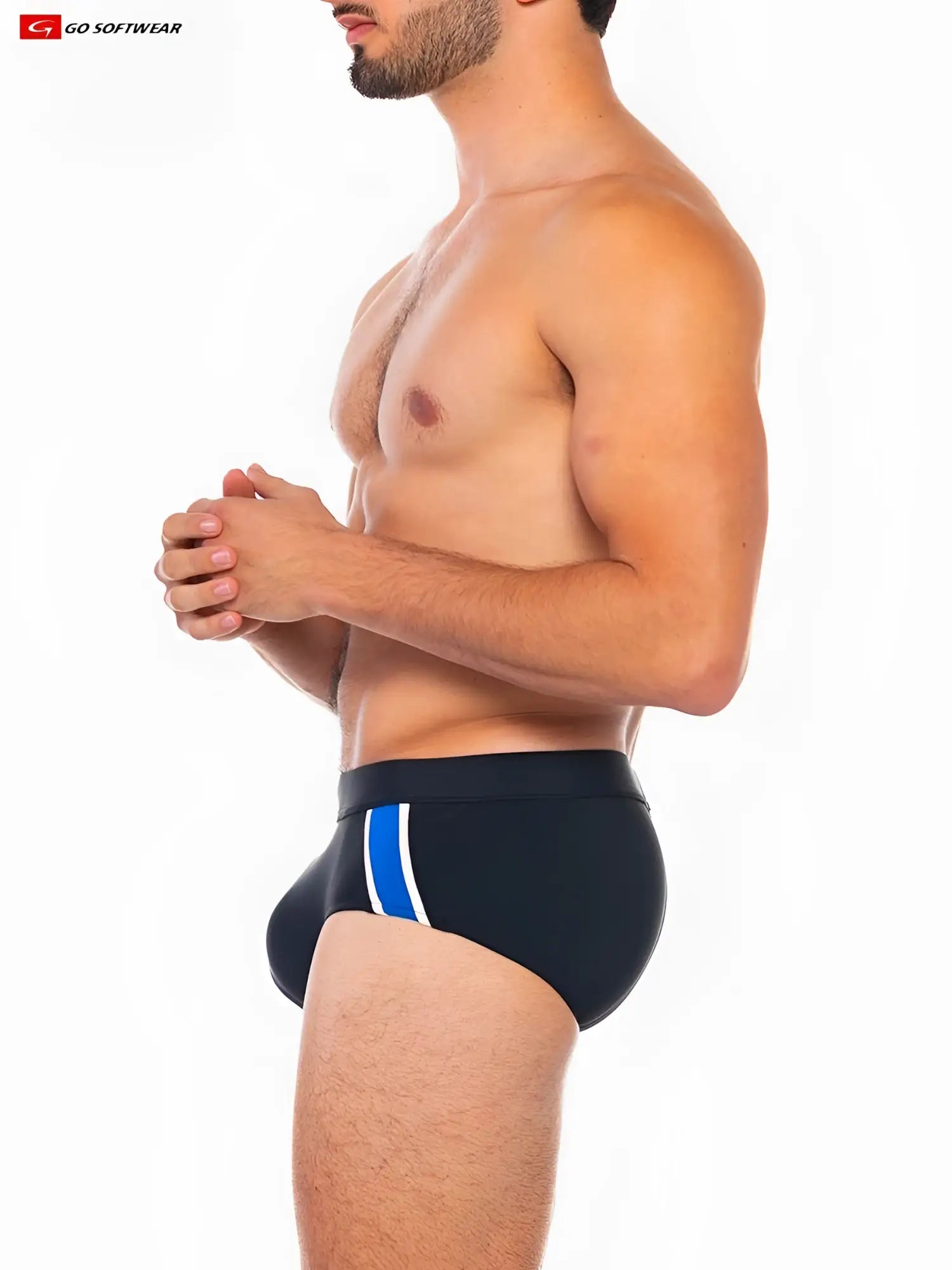 Black folsom swim brief with bold blue and white stripe on the side made from quick-dry fabric for swimming