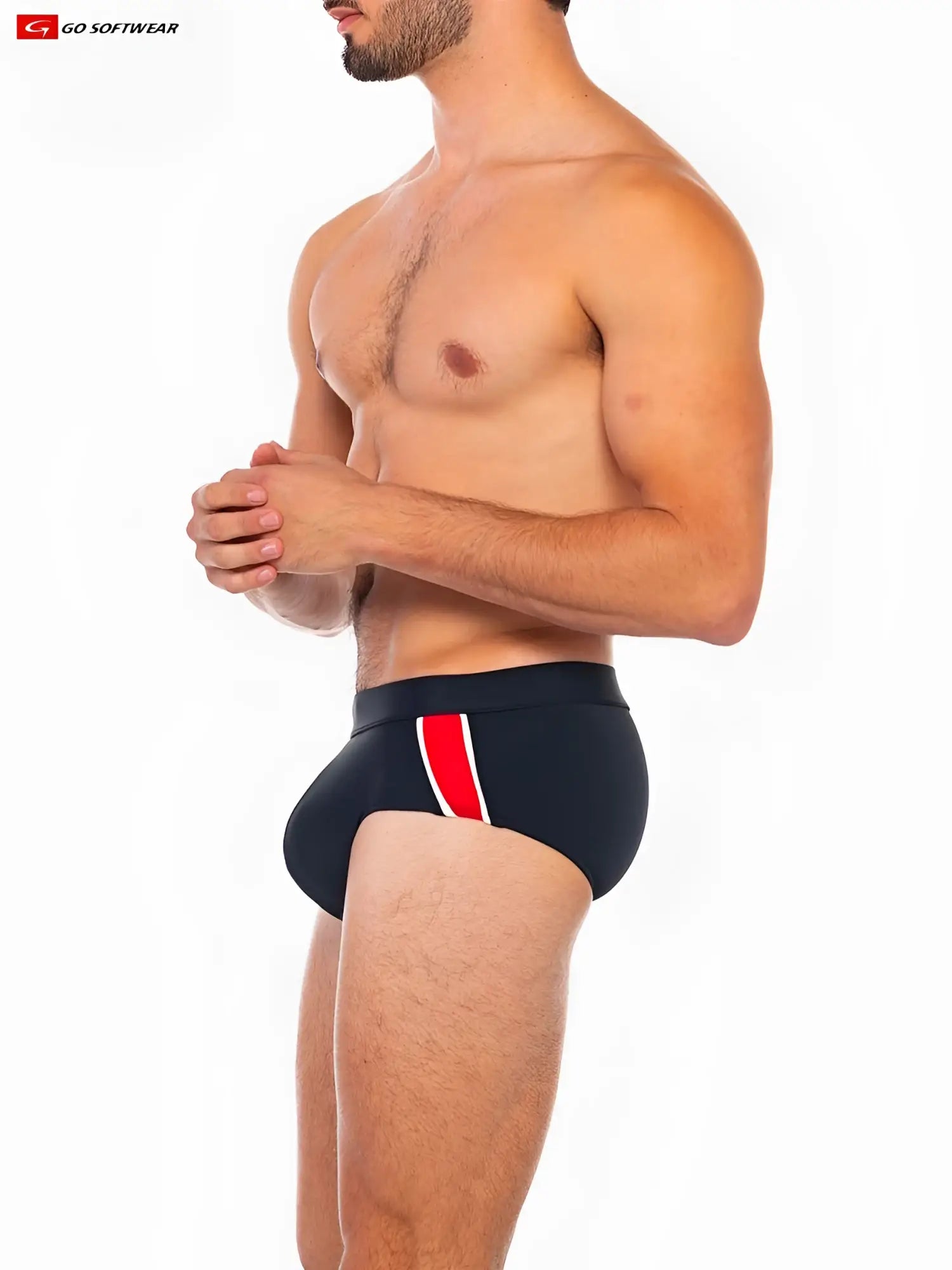 Black folsom swim brief with bold red and white stripe down the side designed for swimming and beachwear
