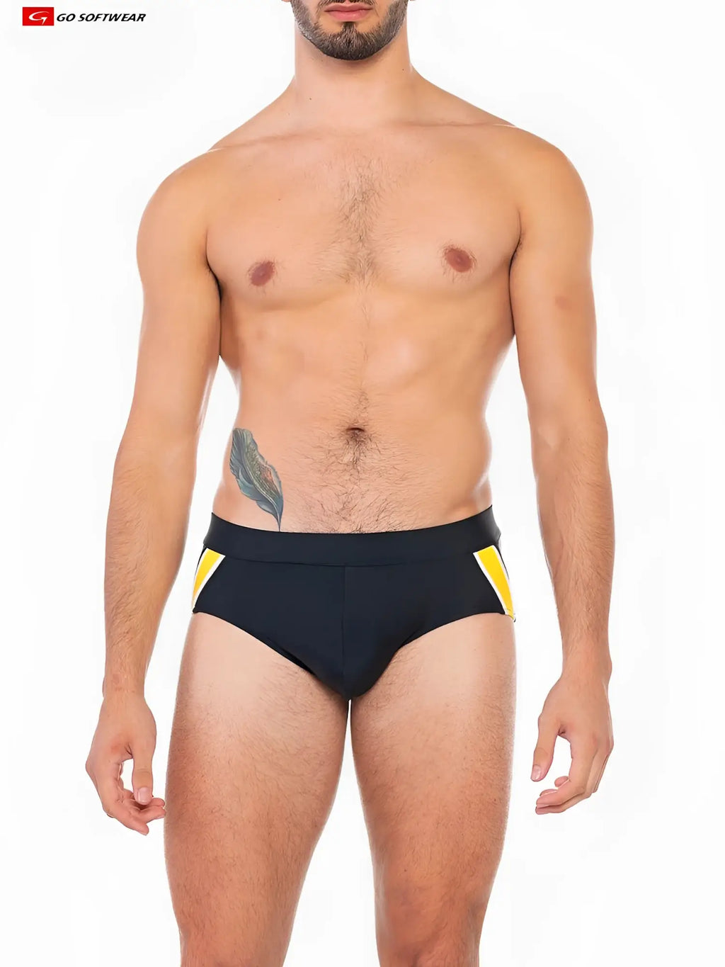 Folsom swim brief featuring black swim trunks with bold yellow side panels in a sleek modern design