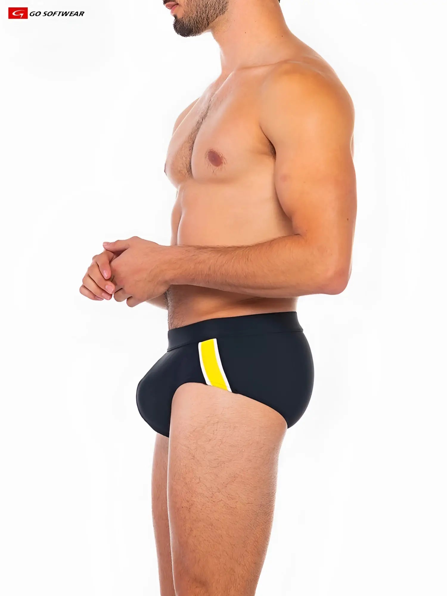 Black folsom swim brief with bold yellow side stripe designed for comfortable swimming and beach use