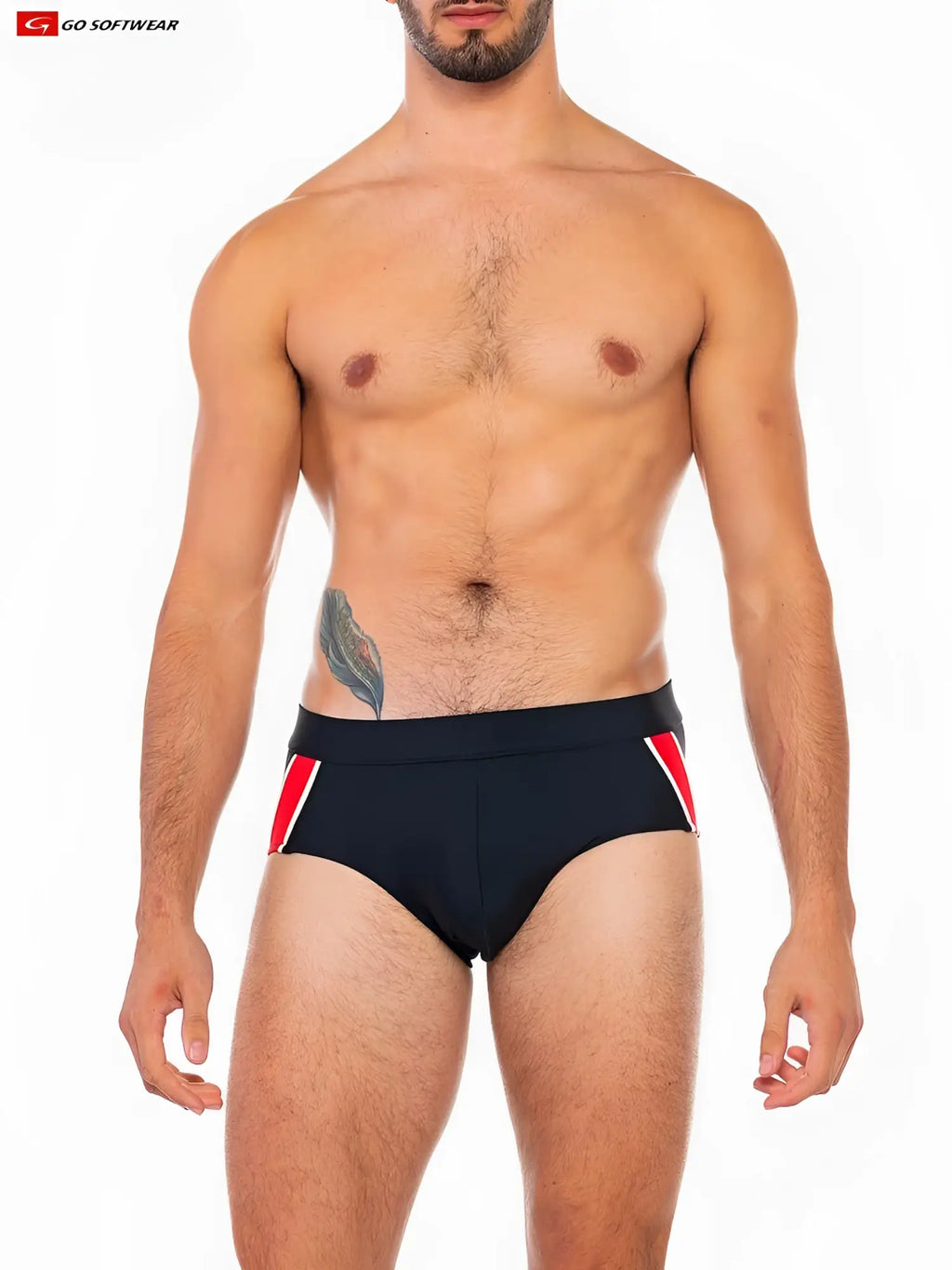 Black go softwear folsom swim brief with red and white side stripes featuring a sleek swim trunk design