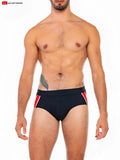 Black go softwear folsom swim brief with red and white side stripes featuring a sleek swim trunk design