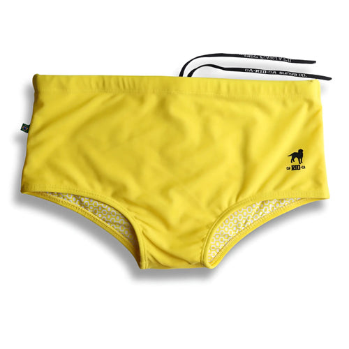 Bright yellow footvolley sunga traditional cut men’s swim trunks with black dog logo elastic waistband and drawstrings
