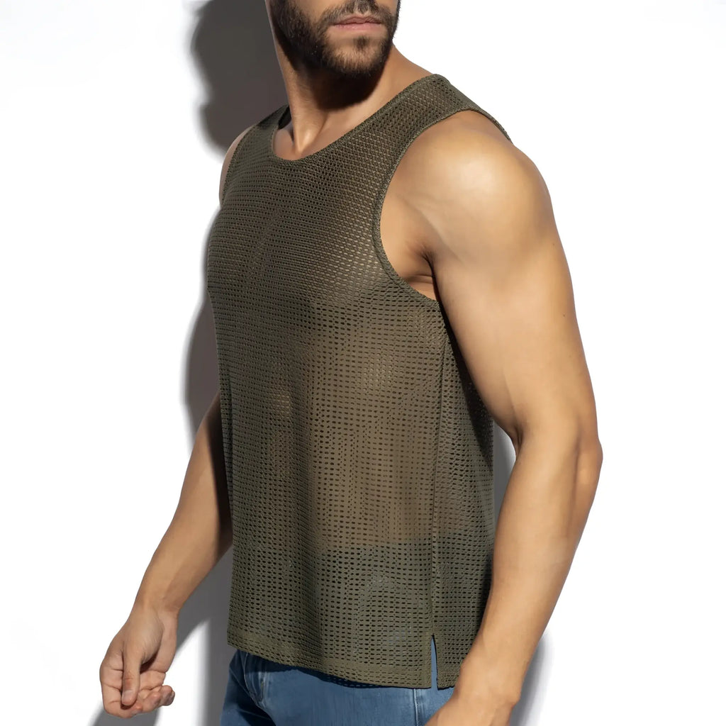 Olive green mesh formentera retro tank top showcasing lightweight breathable fabric and sleeveless design
