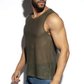Olive green mesh formentera retro tank top showcasing lightweight breathable fabric and sleeveless design
