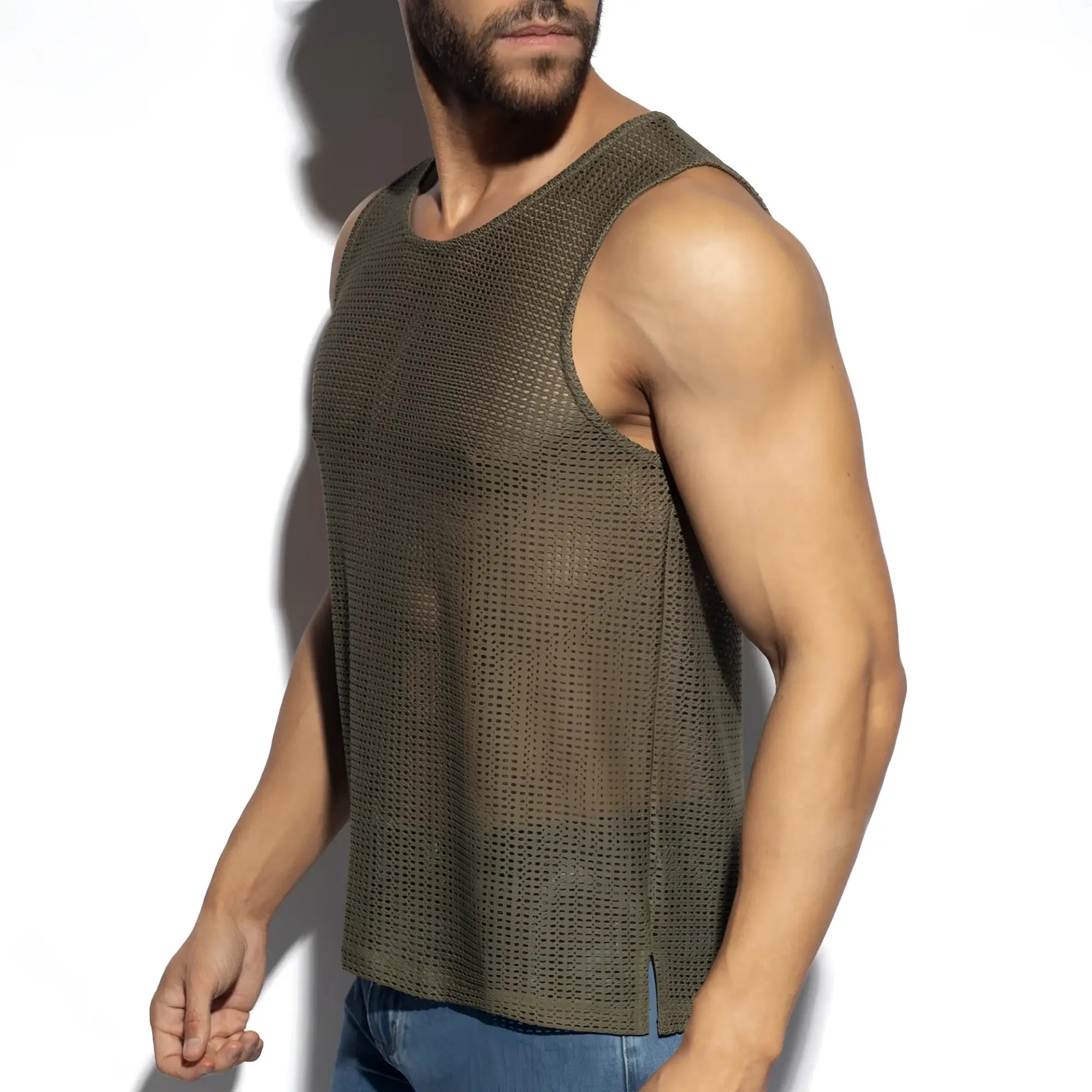 Olive green mesh formentera retro tank top showcasing lightweight breathable fabric and sleeveless design
