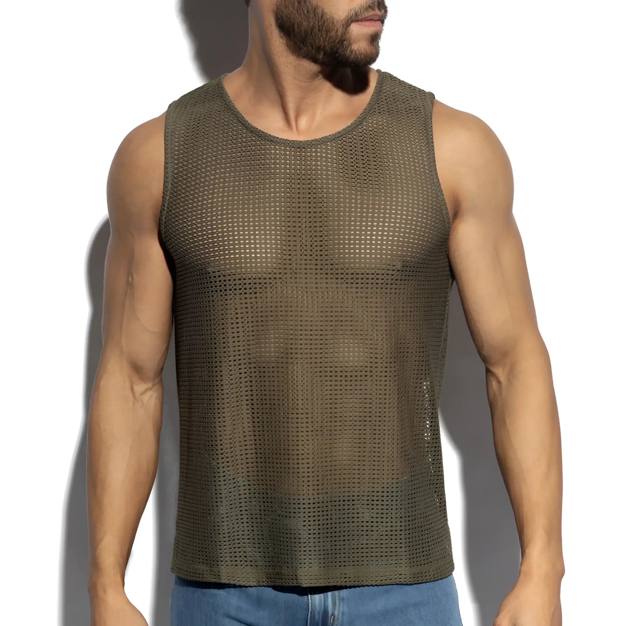 Formentera retro tank top olive green mesh fabric round neckline and subtle side seam detail front view