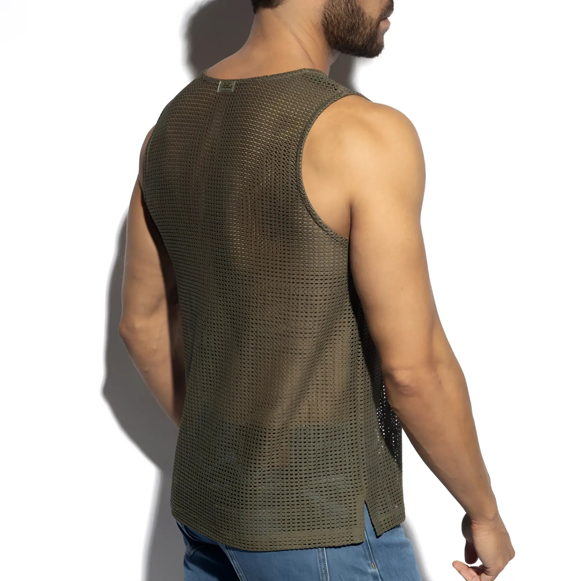Formentera retro tank top in olive green mesh with a subtle textured pattern and a small metallic clasp at the neckline