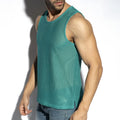 Teal mesh sleeveless formentera retro tank top featuring breathable fabric and a casual summer design