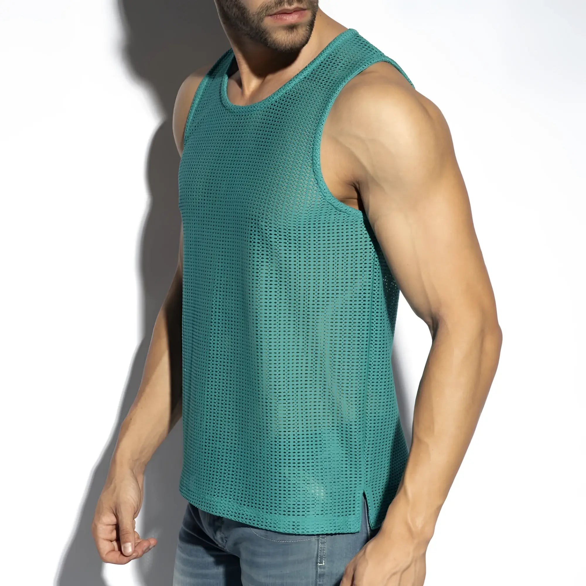 Teal mesh sleeveless formentera retro tank top featuring breathable fabric and a casual summer design