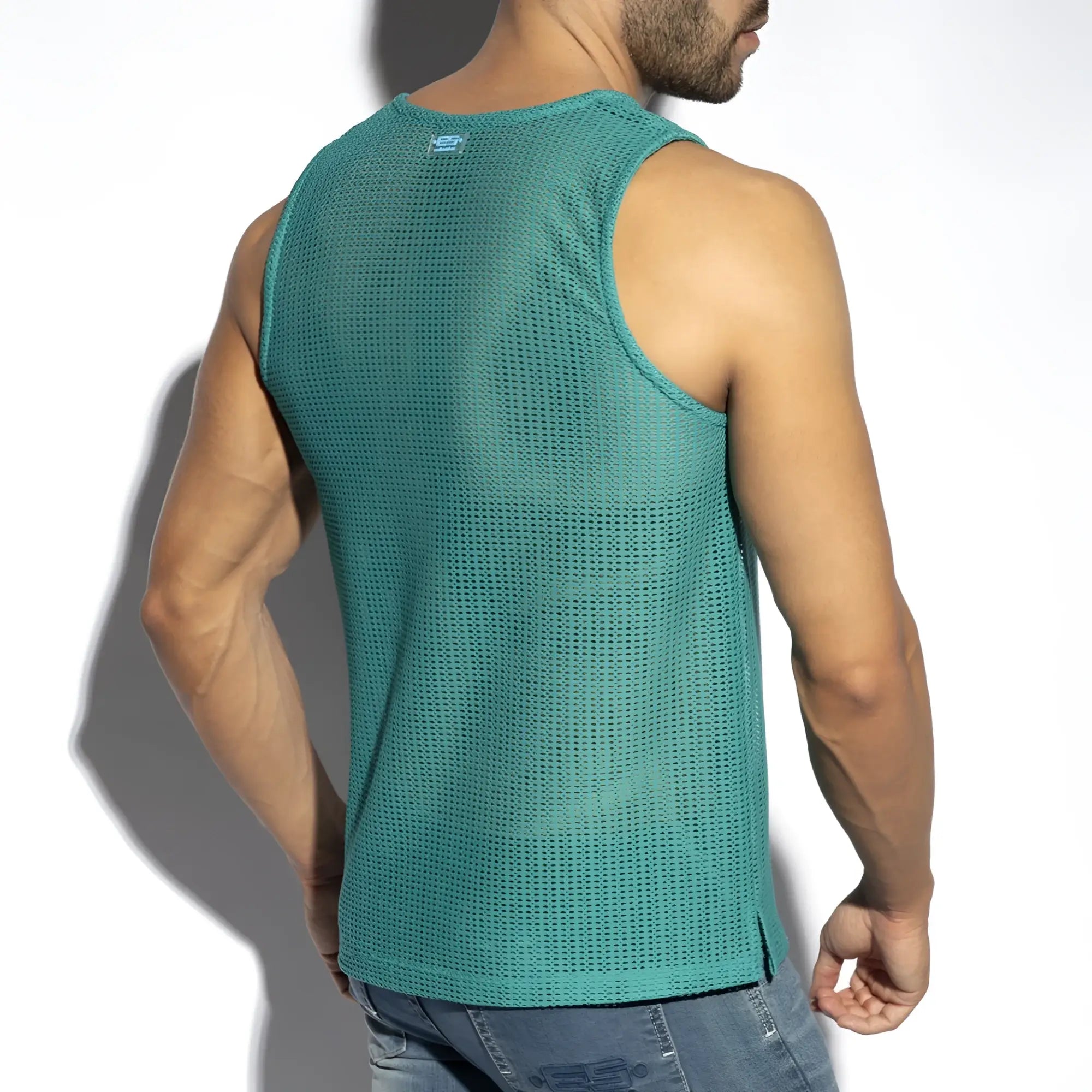 Formentera retro tank top in teal mesh fabric with a subtle brand logo at the neckline