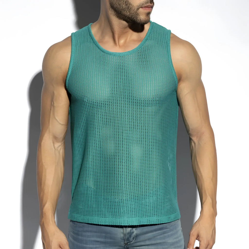 Formentera retro tank top featuring a teal mesh textured sleeveless design with a round neckline