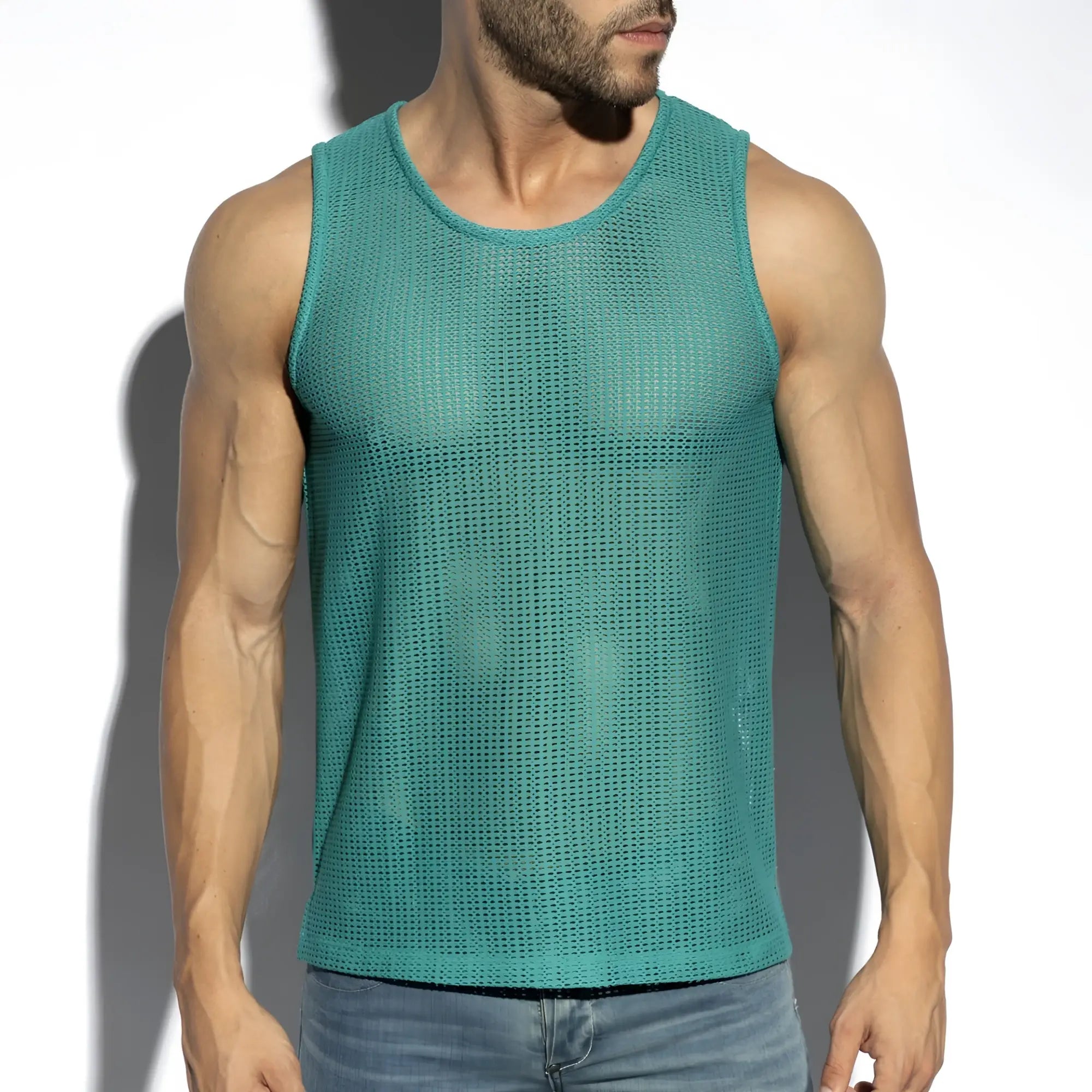 Formentera retro tank top featuring a teal mesh textured sleeveless design with a round neckline
