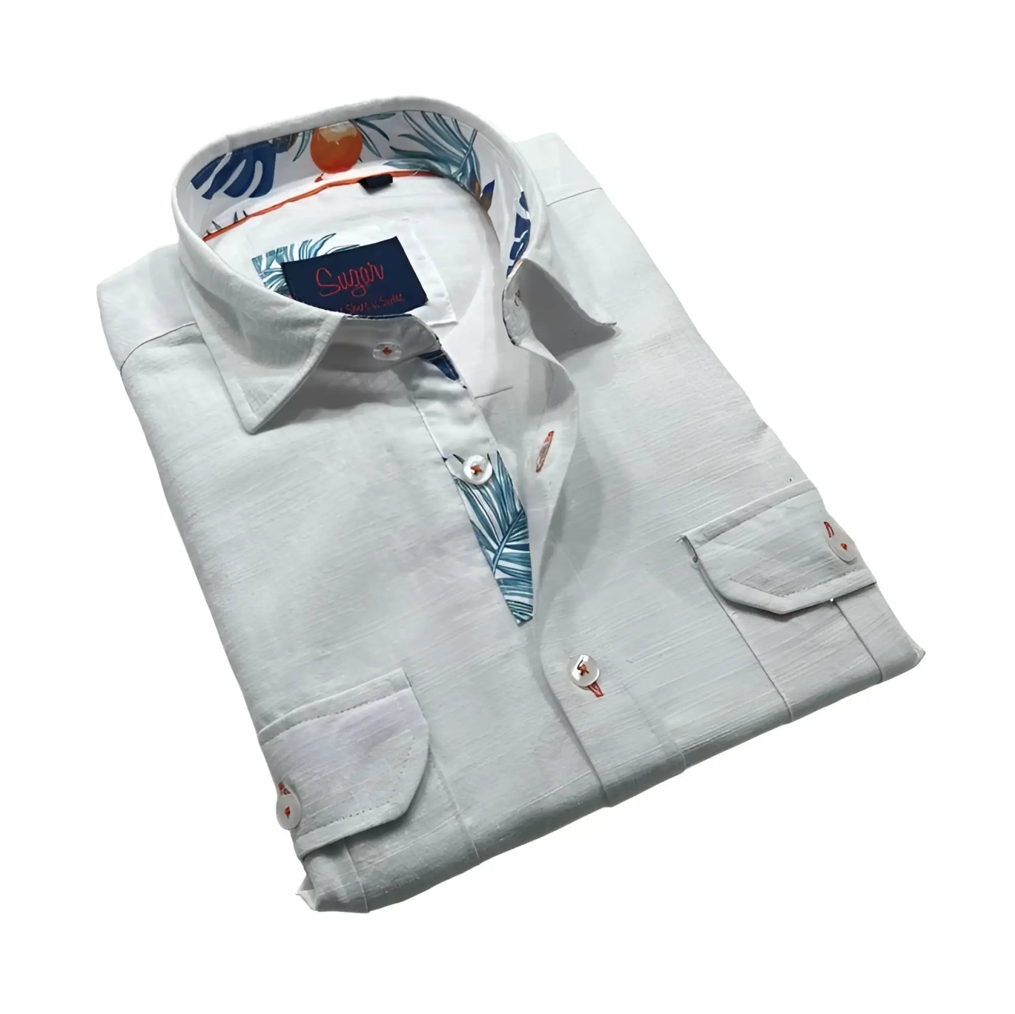 A light gray linen freddy l s buttondown shirt with tropical leaf and orange pattern on inner collar placket and pocket flaps