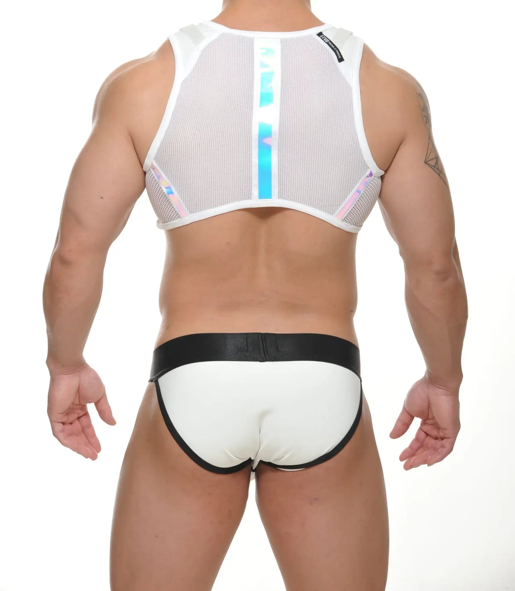 Freon crop top white mesh tank top with iridescent blue and pink stripes and black trim along waistband