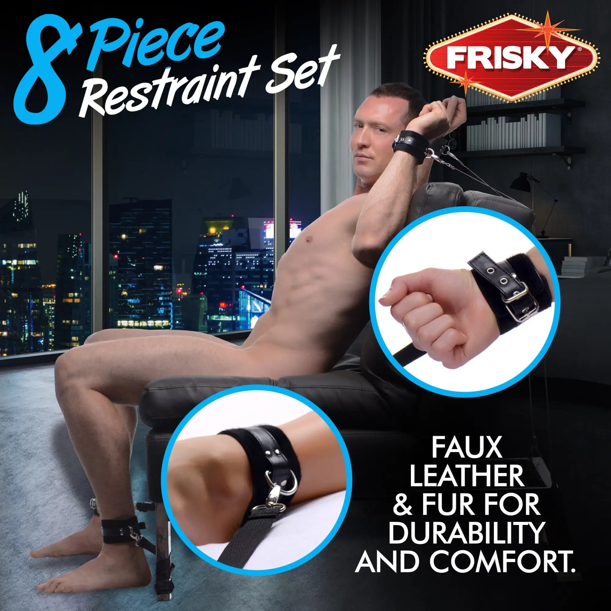 Frisky 8-Piece Restraint Set featuring black faux leather and fur-lined cuffs with metal hardware and adjustment straps.