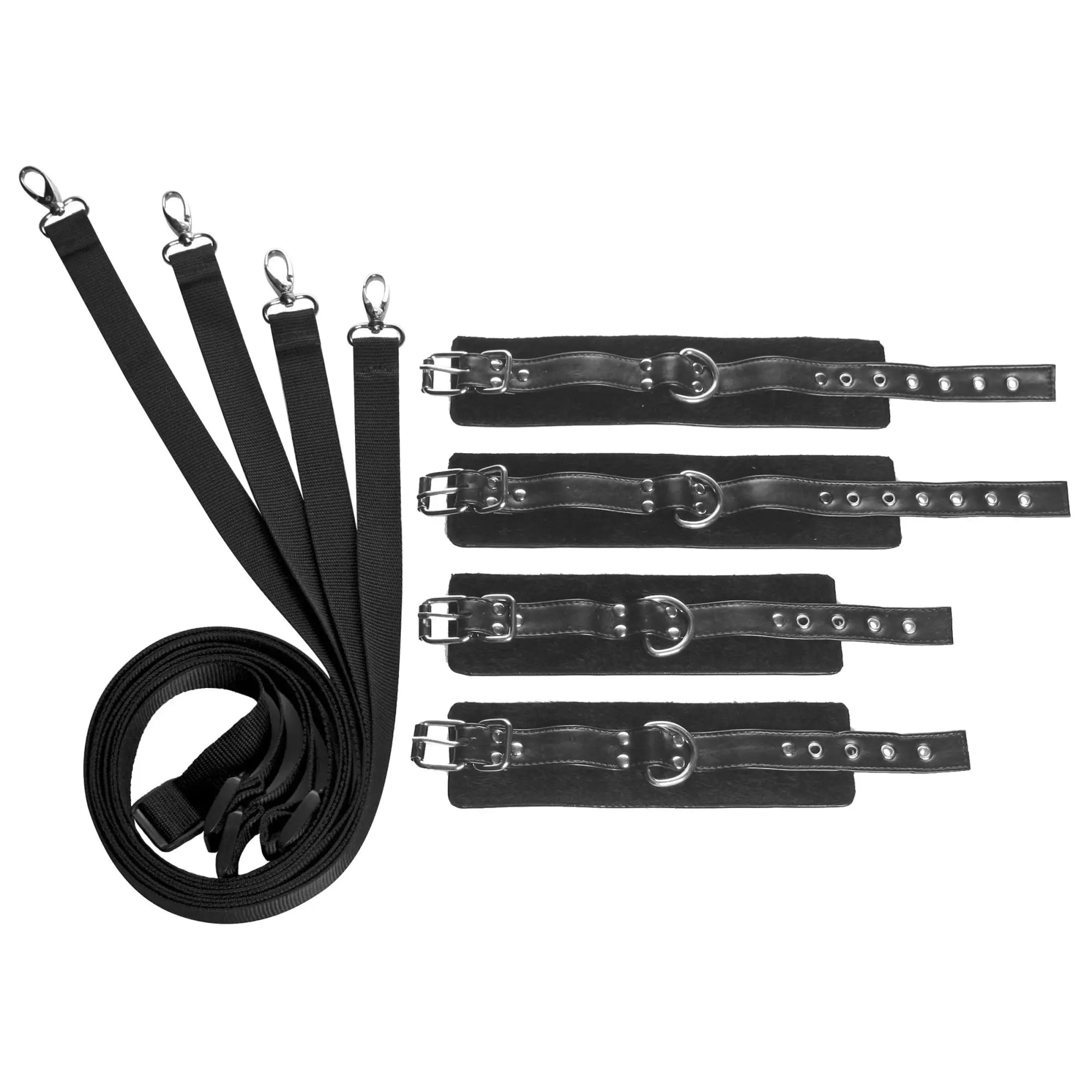 Frisky Frisky 8-piece black restraint set with adjustable padded cuffs, metal buckles, D-rings, and connector straps.