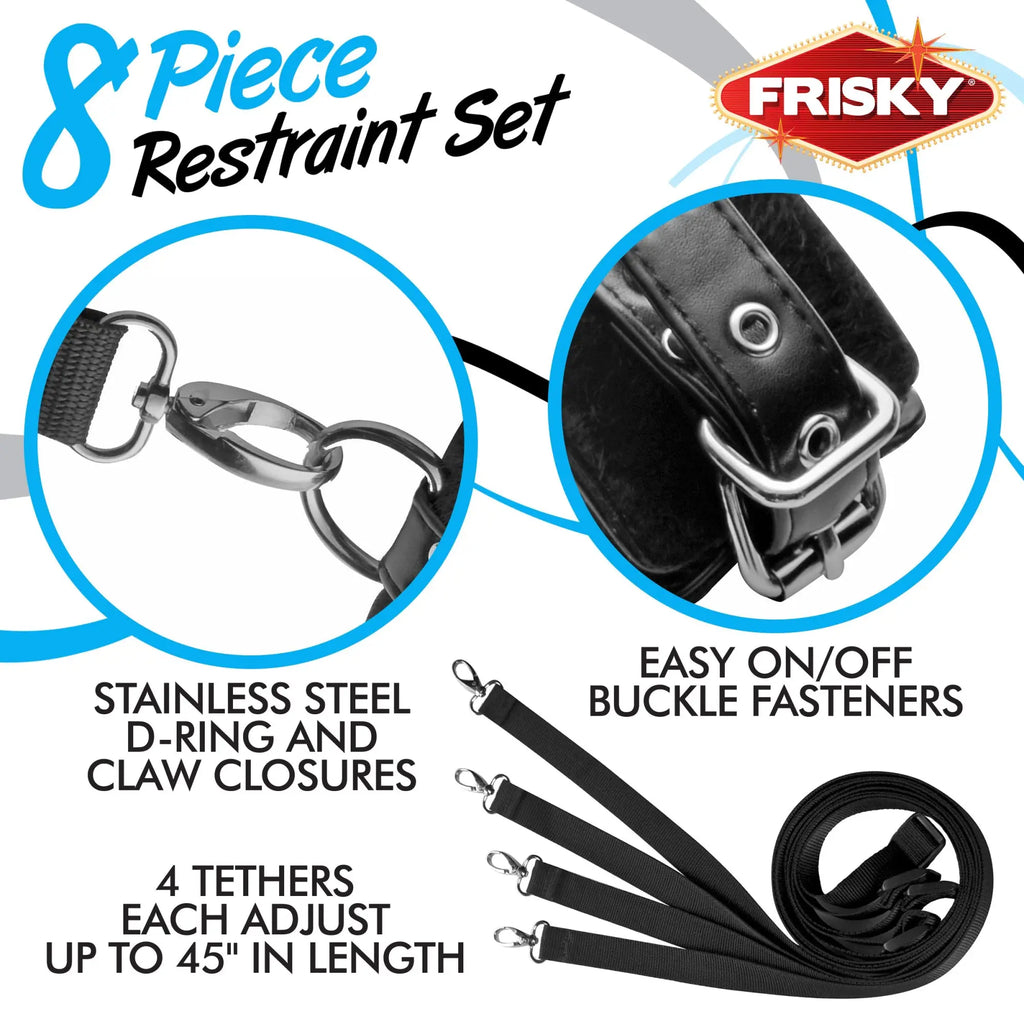 Frisky 8-Piece Restraint Set featuring black faux-leather cuffs with metal buckles and four adjustable fabric tethers.