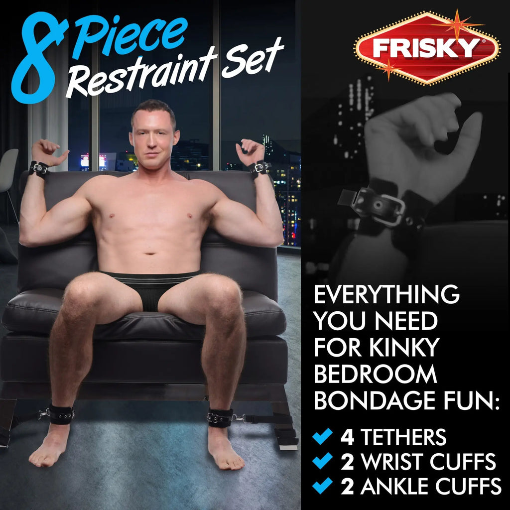 Frisky 8-Piece Restraint Set: A shirtless man in black cuffs sits on a leather chair, displayed with product contents.
