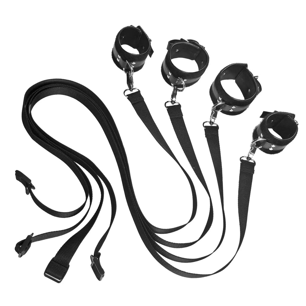 Frisky Frisky 8-piece black restraint set featuring four padded wrist/ankle cuffs with adjustable nylon straps and clips.