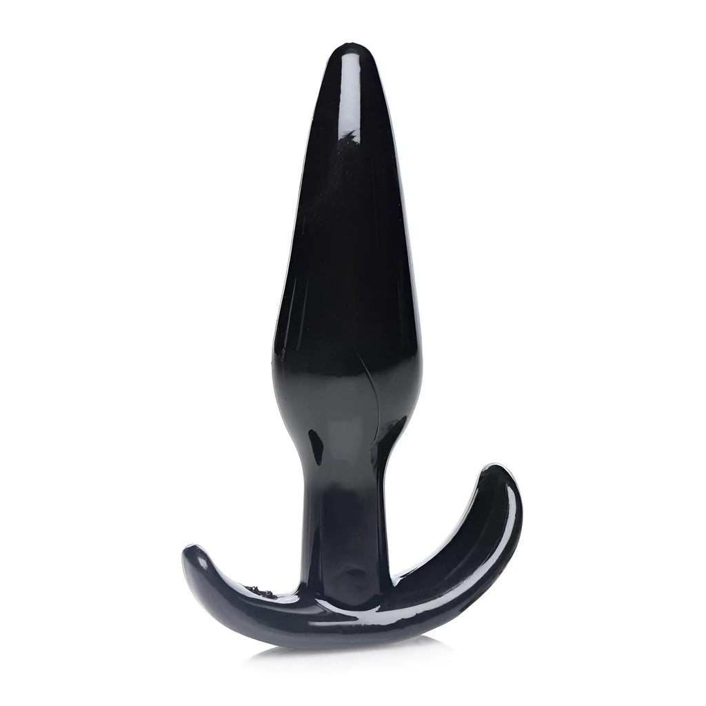 Frisky Anal Teaser Comfort Plug: A smooth, glossy black anal plug with a flared, curved base on a white background.