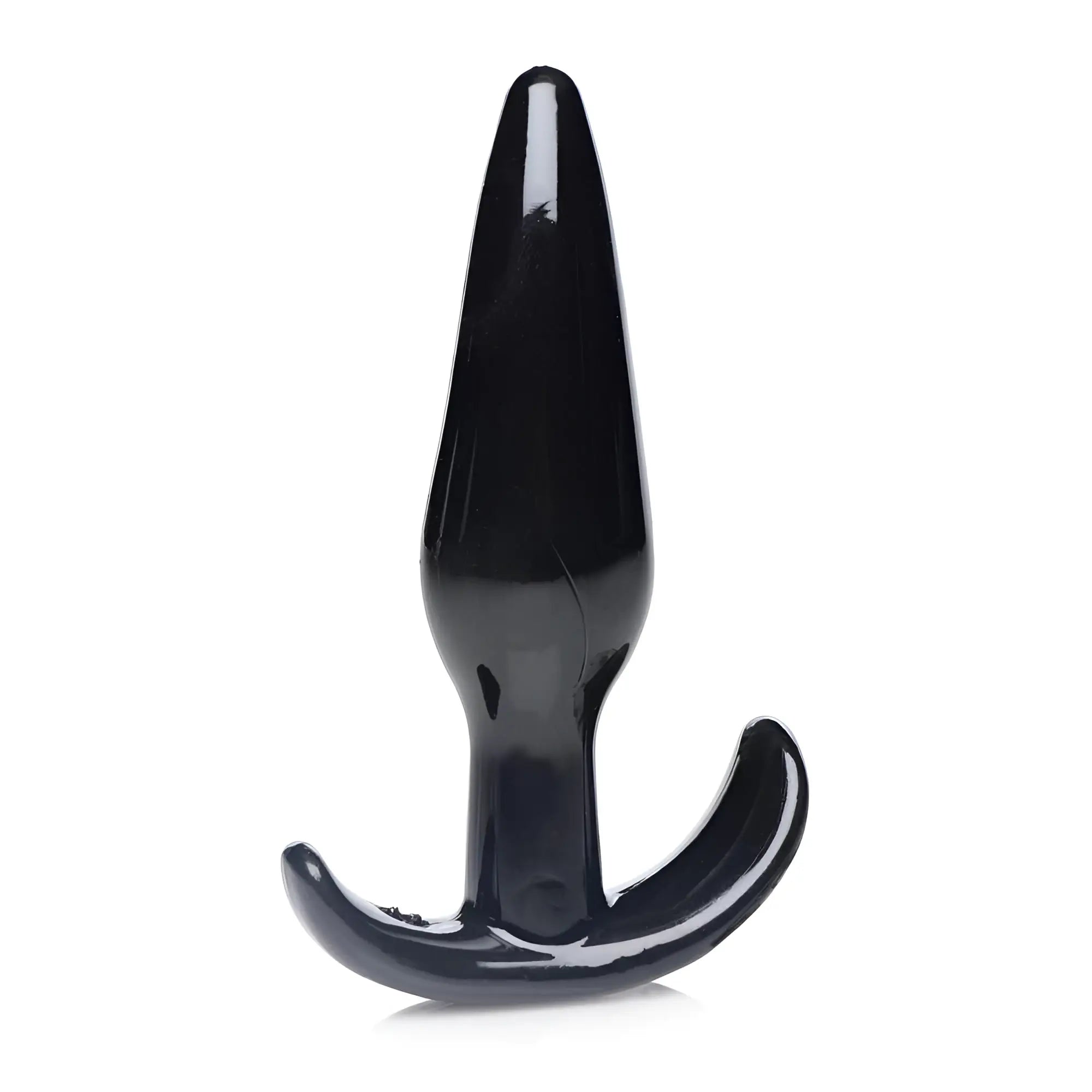 Frisky Anal Teaser Comfort Plug: A smooth, glossy black anal plug with a flared, curved base on a white background.