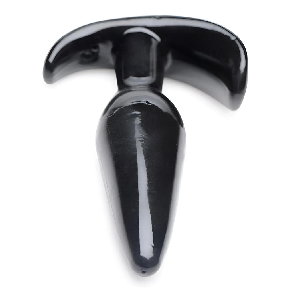 Frisky Anal Teaser Comfort Plug: a smooth, glossy black silicone anal plug with a curved, T-shaped base.
