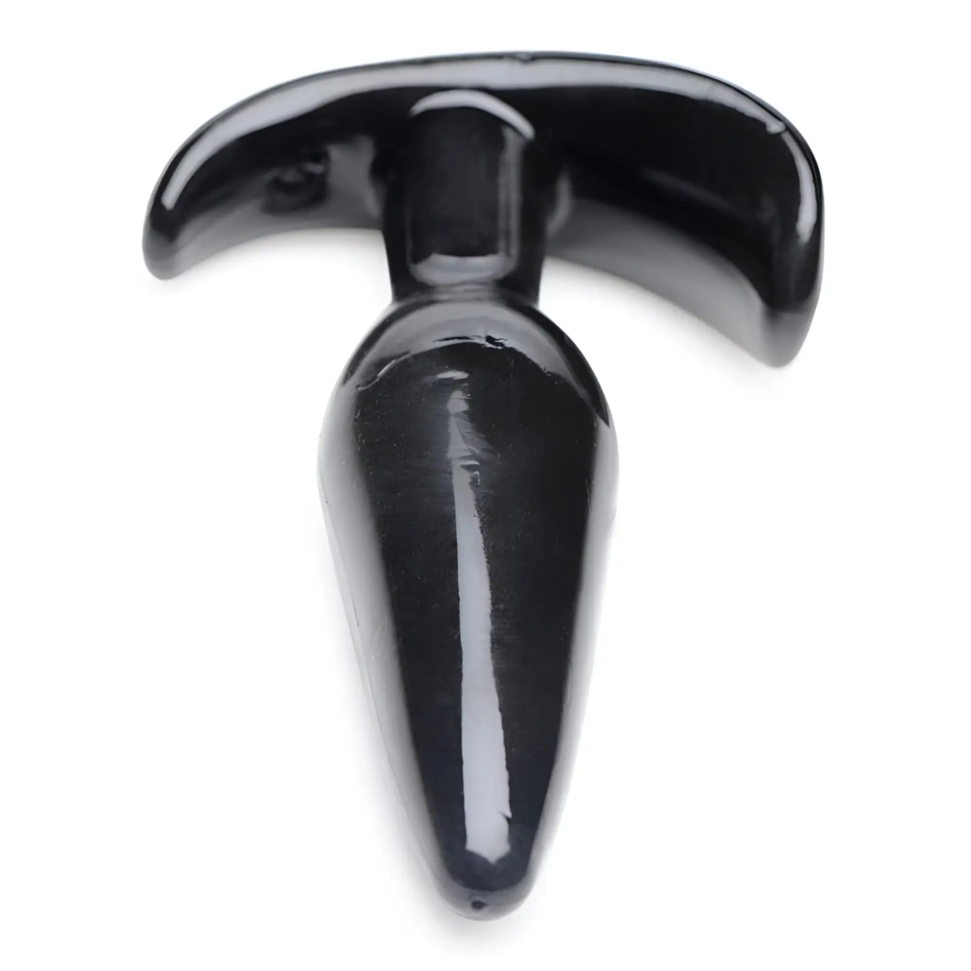 Frisky Anal Teaser Comfort Plug: a smooth, glossy black silicone anal plug with a curved, T-shaped base.
