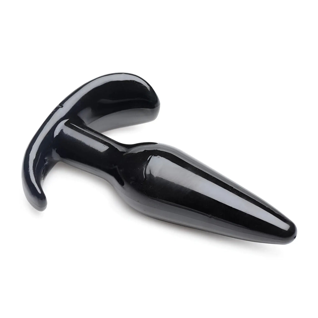 Frisky Anal Teaser Comfort Plug: A sleek, glossy black, tapered plug with a T-shaped handle on a white background.