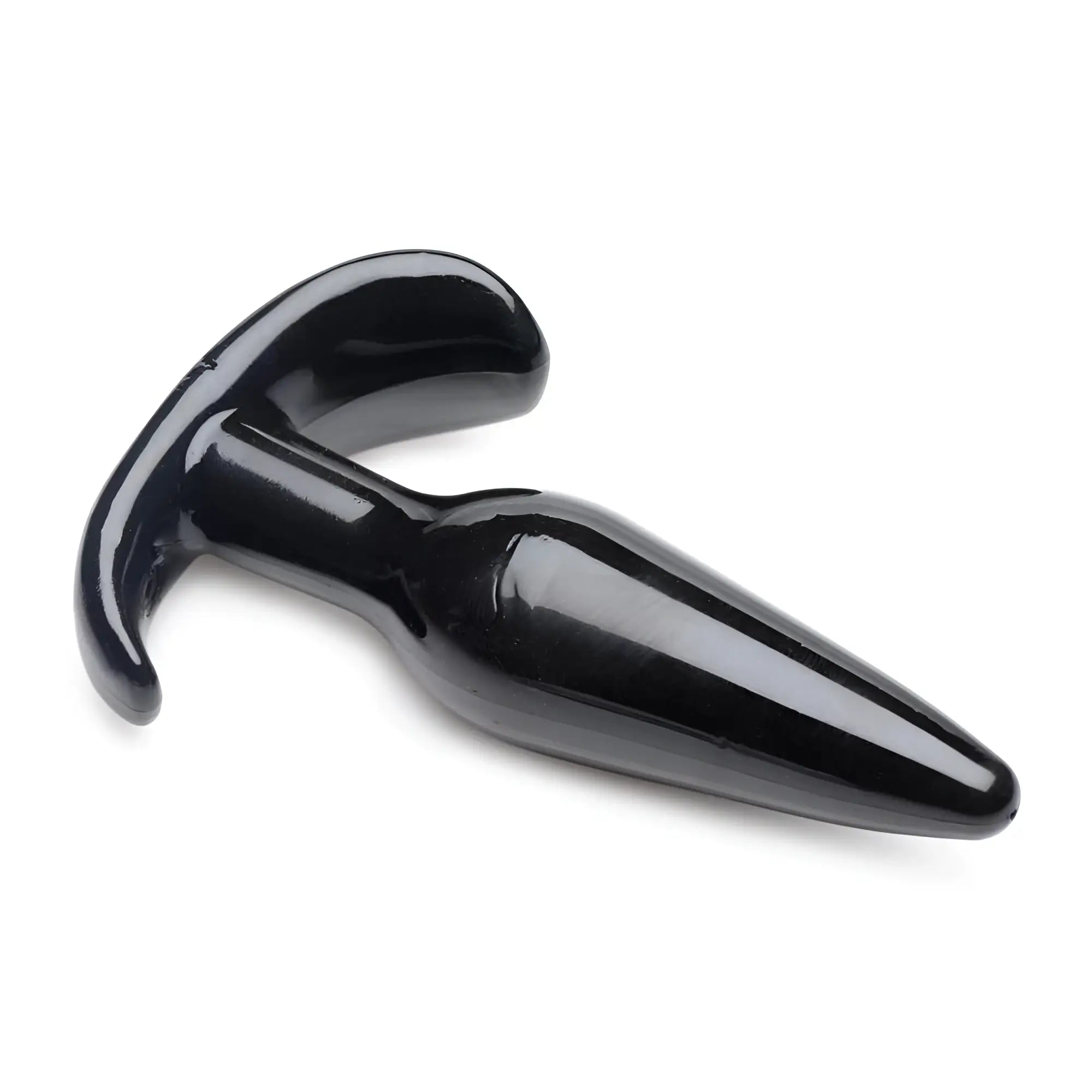 Frisky Anal Teaser Comfort Plug: A sleek, glossy black, tapered plug with a T-shaped handle on a white background.