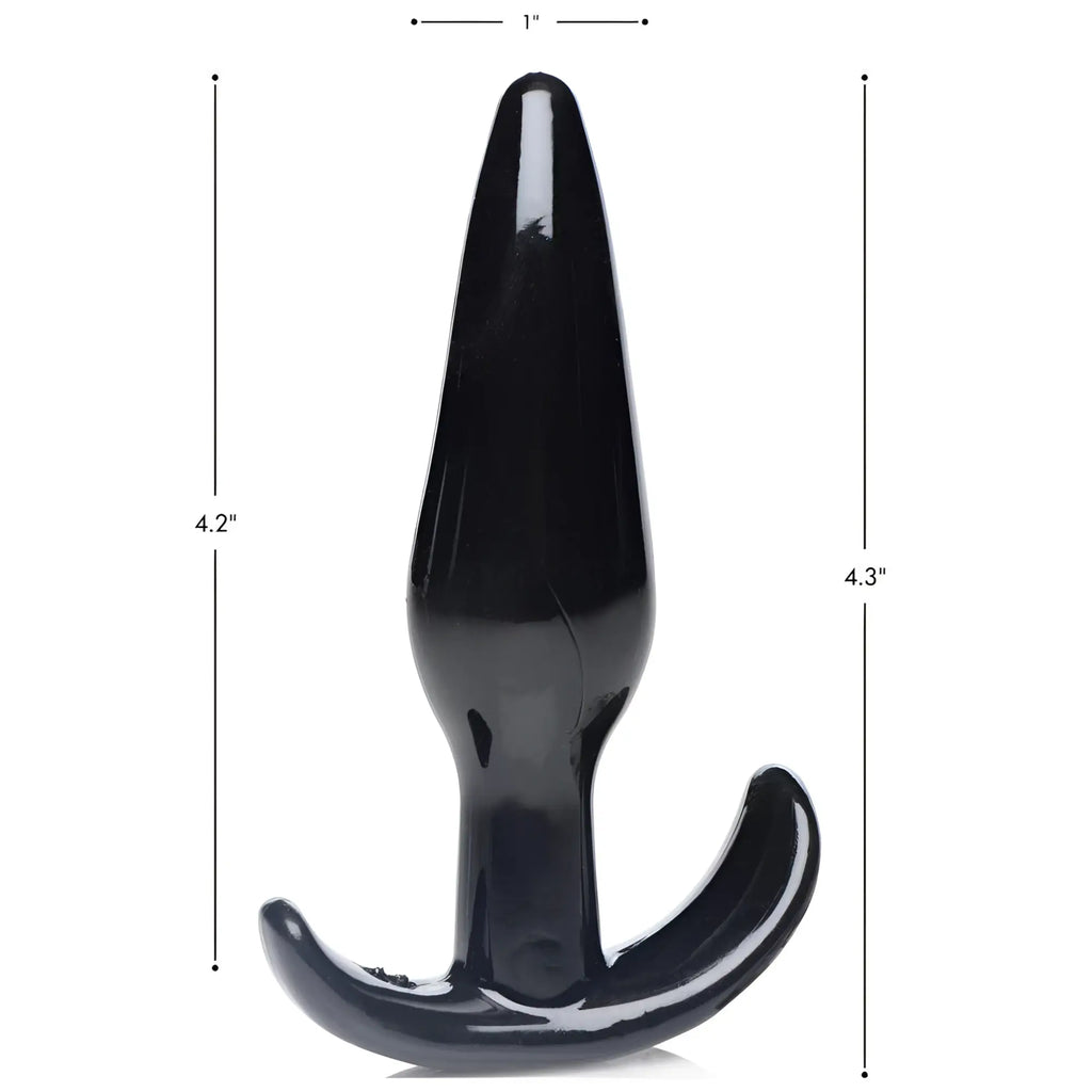 Glossy black Frisky Anal Teaser Comfort Plug with flared base, shown with dimension measurement lines on white background.