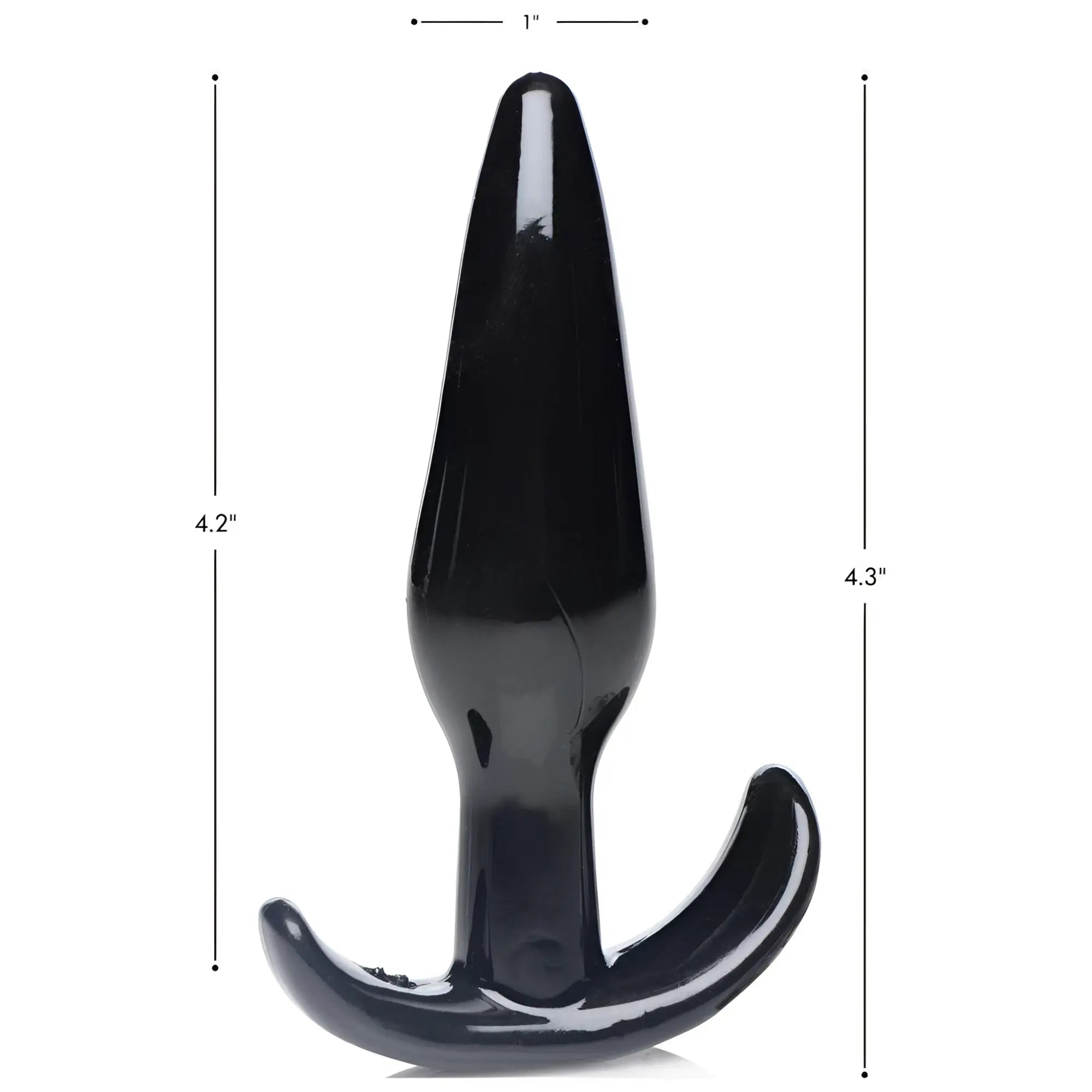 Glossy black Frisky Anal Teaser Comfort Plug with flared base, shown with dimension measurement lines on white background.