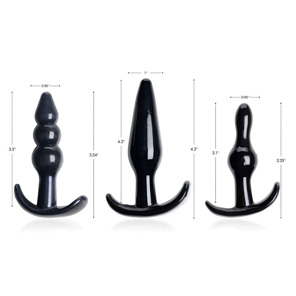 Frisky Anal Teaser Comfort Plug set of three black, smooth plugs with varying shapes and dimension measurements.