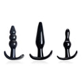 Frisky Anal Teaser Comfort Plug set of three smooth, black, tapered anal plugs with curved T-bar bases.