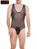 Black mesh backless singlet with blue trim showcasing sheer material and open back design