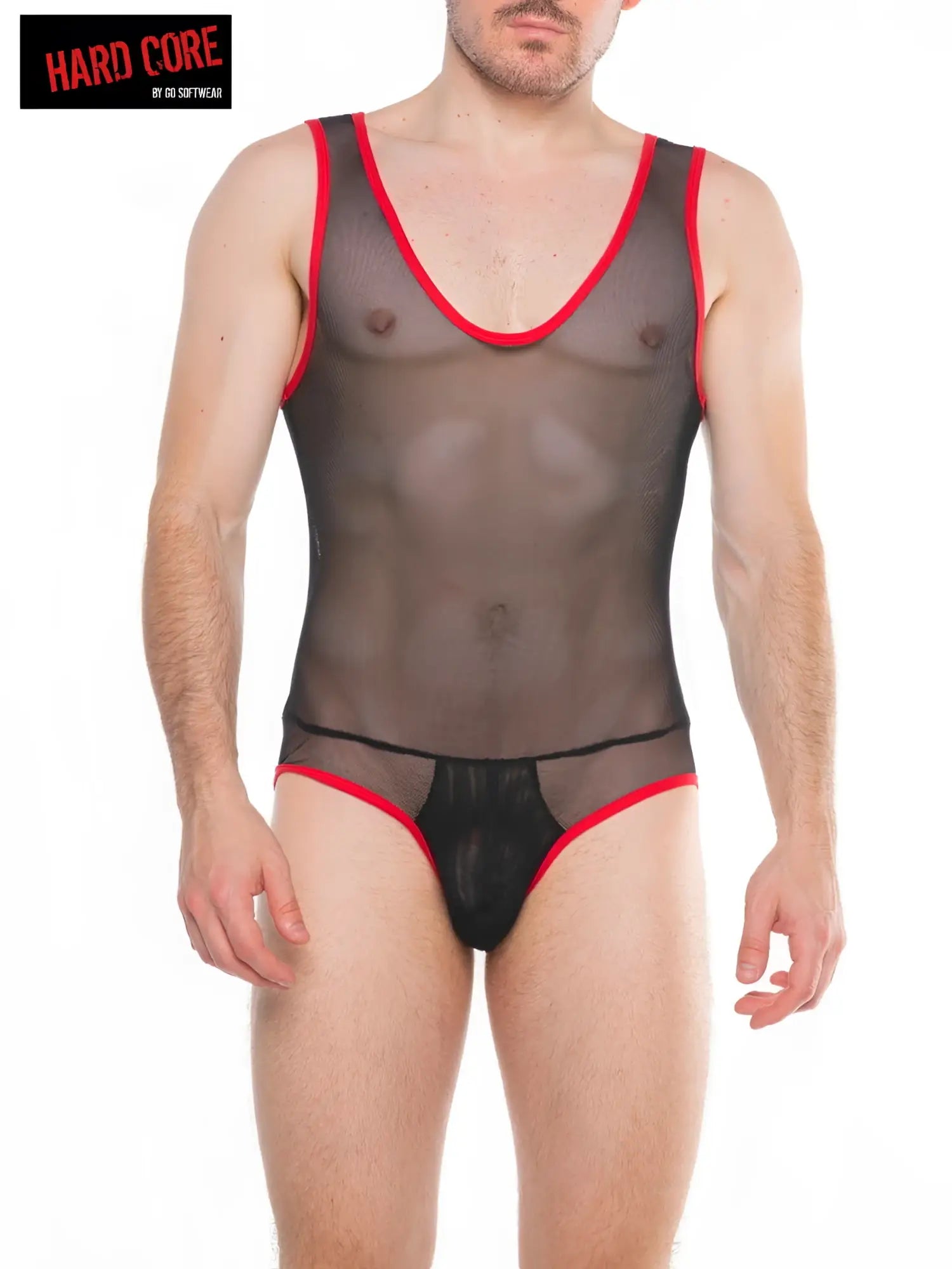 Black mesh bodysuit with red trim showing the back of the frisky backless singlet