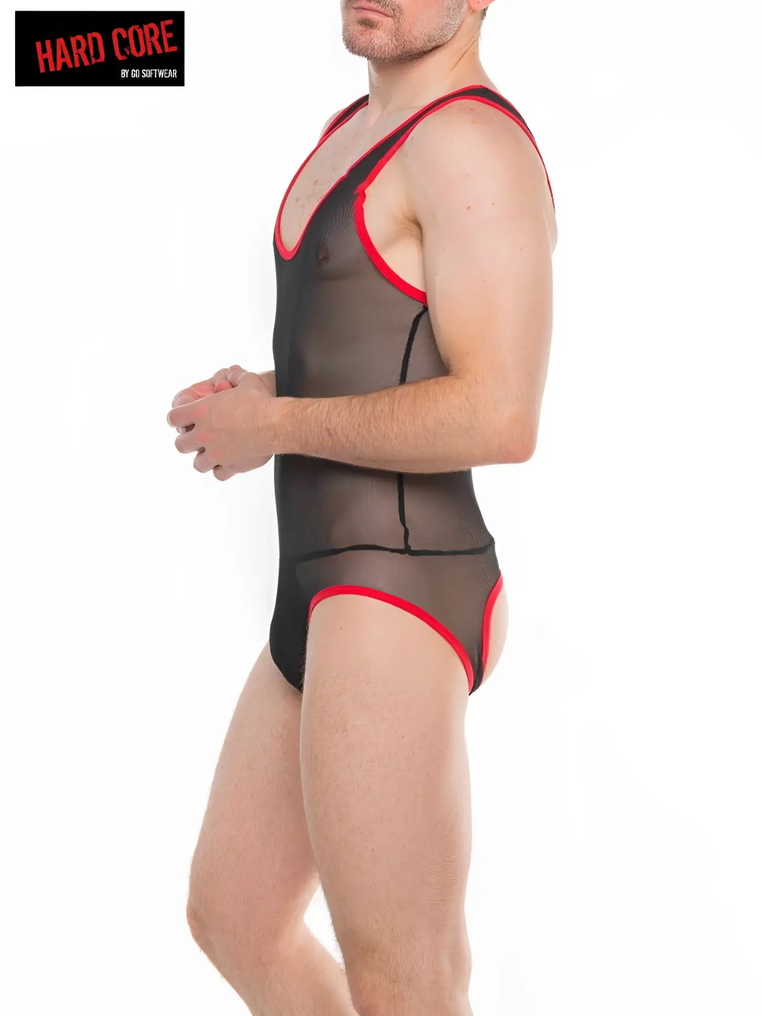 Black mesh frisky backless singlet bodysuit with red trim and plunging neckline for a bold look