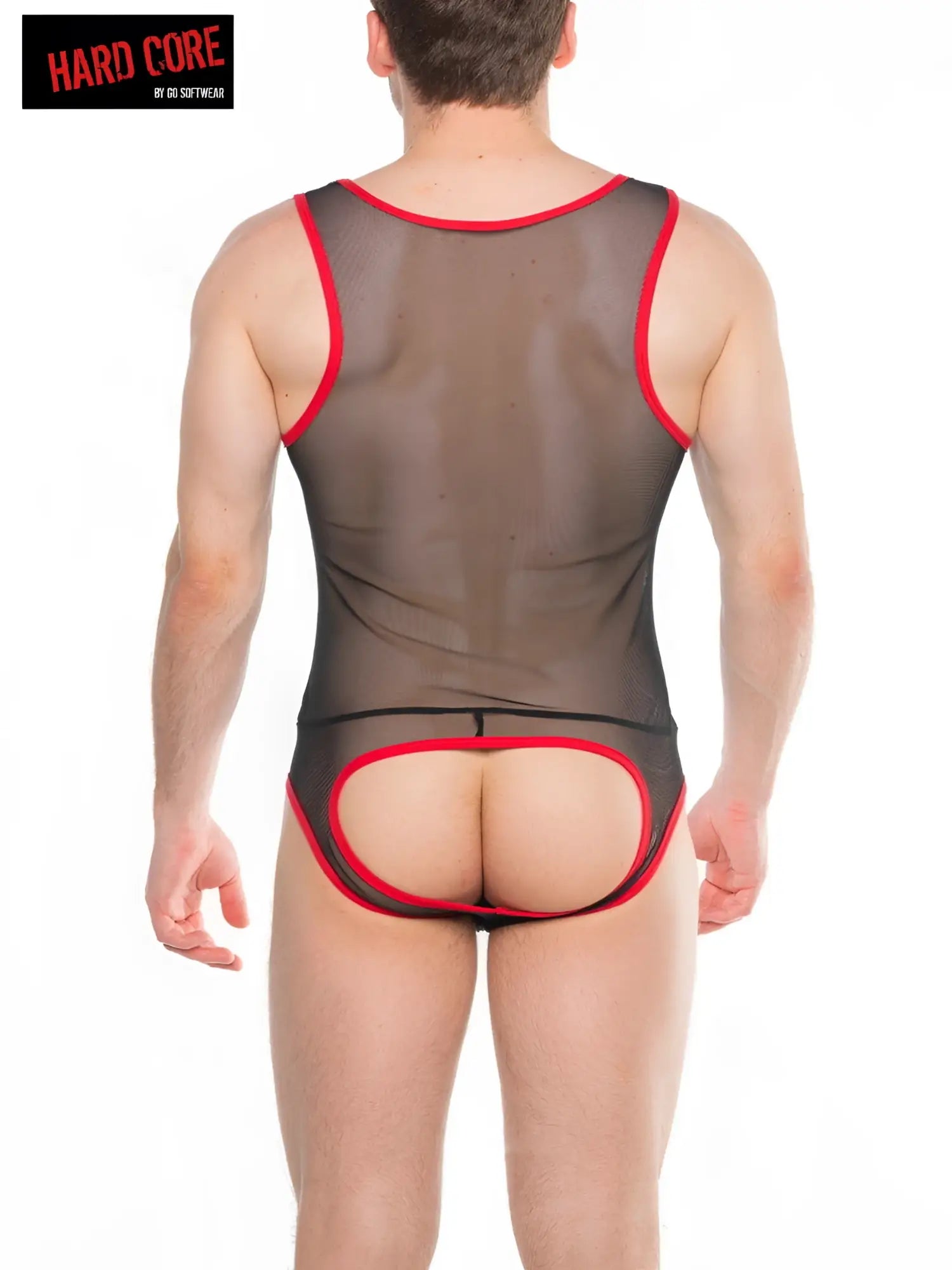 Back side of black mesh men’s underwear with red trim featuring a cutout from the frisky backless singlet product