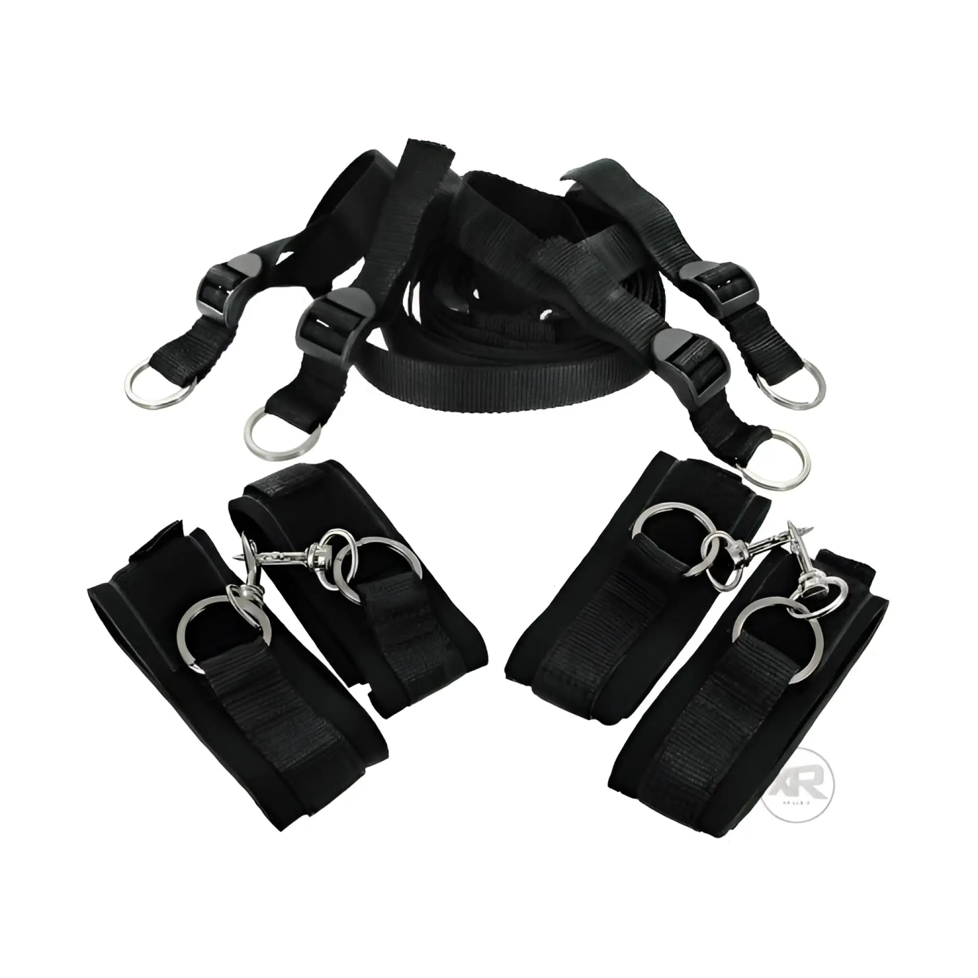 Frisky Bedroom Restraint Kit featuring adjustable black nylon straps, four padded cuffs, and metal hardware.