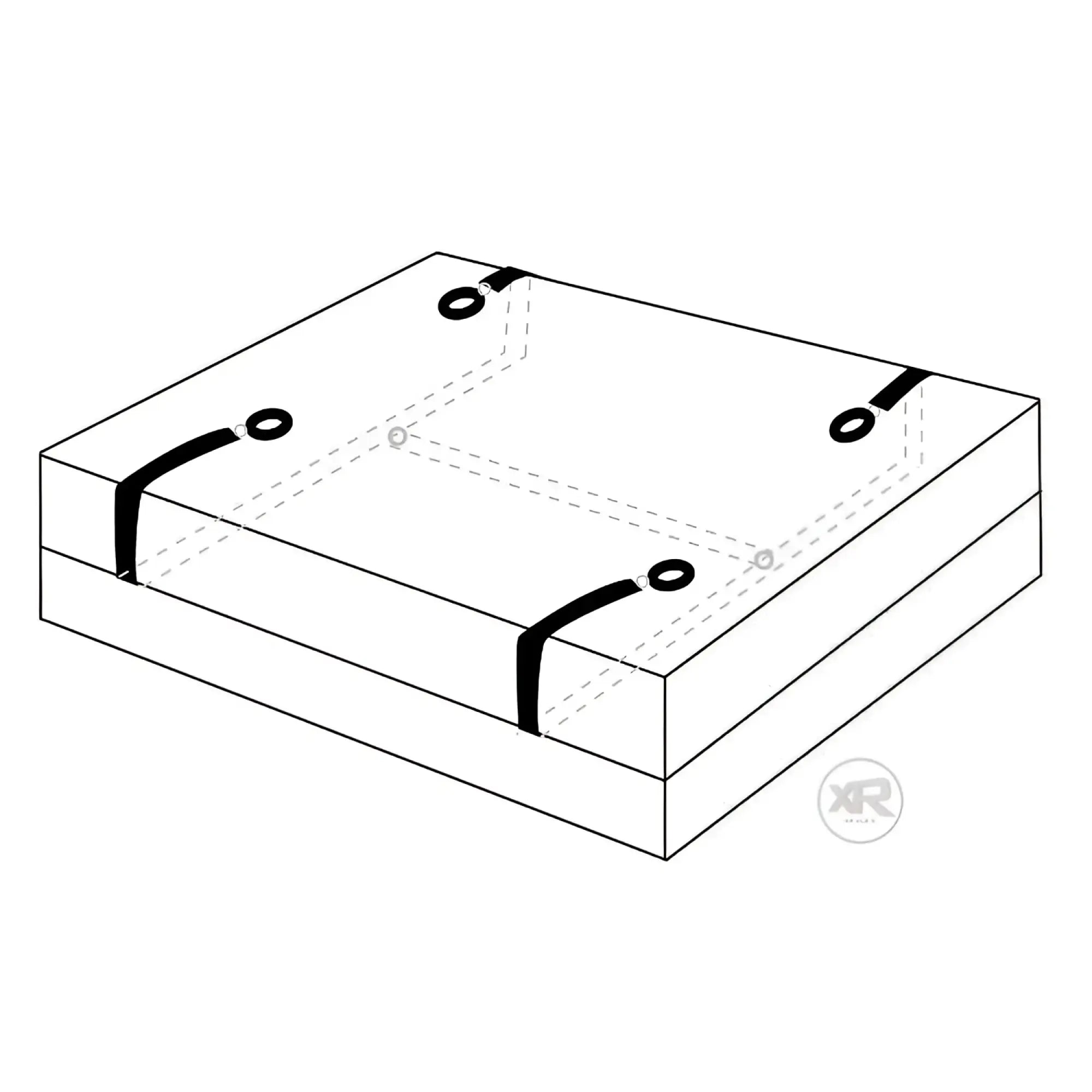 Frisky Bedroom Restraint Kit: A black-and-white line drawing of bed straps wrapping around a mattress.