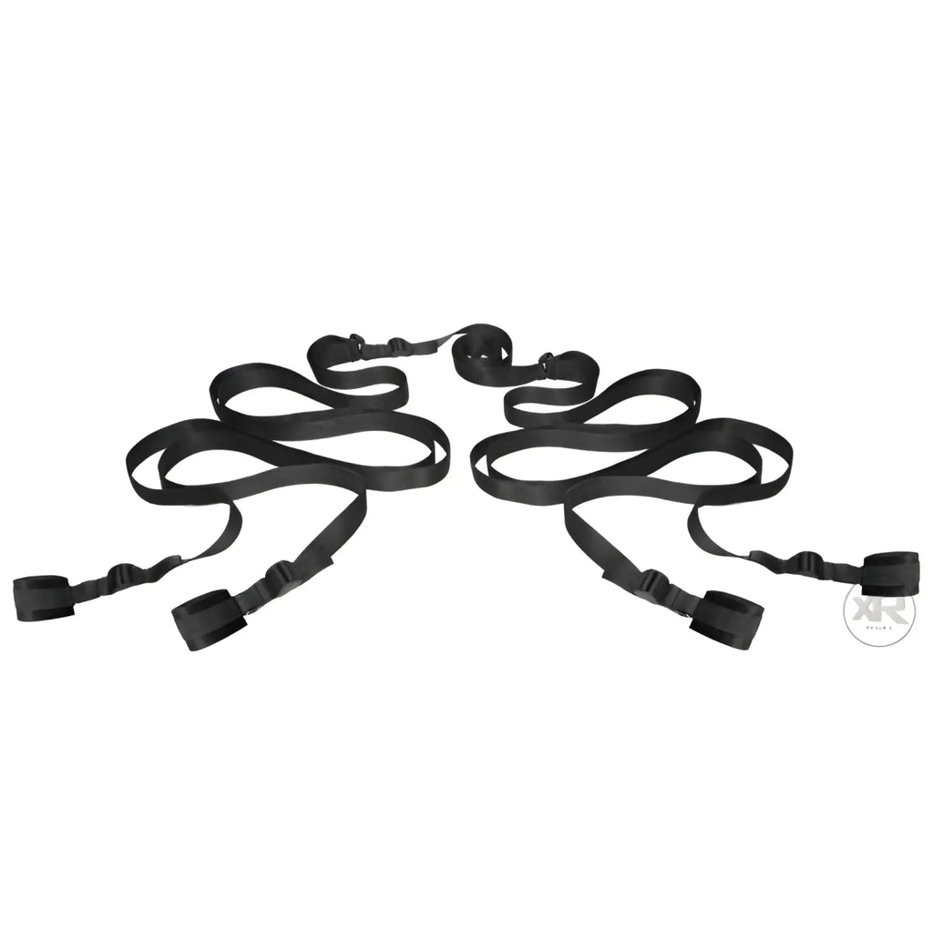 Frisky Beginner Fleece Bed Restraints Kit: black adjustable straps with padded cuffs on a plain white background.
