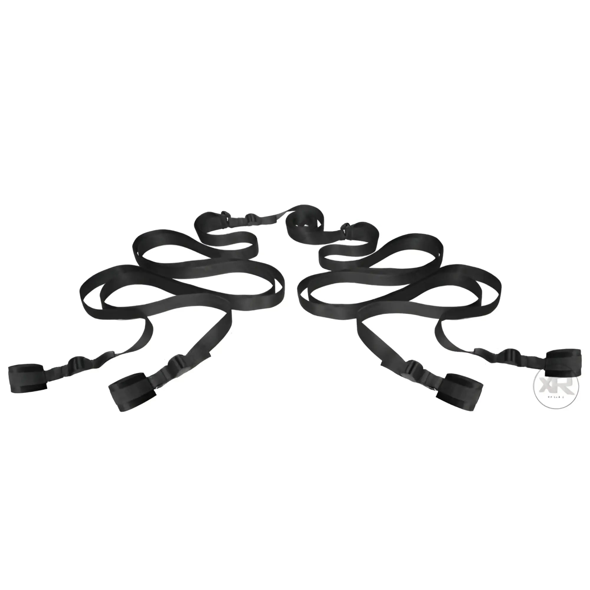Frisky Beginner Fleece Bed Restraints Kit: black adjustable straps with padded cuffs on a plain white background.