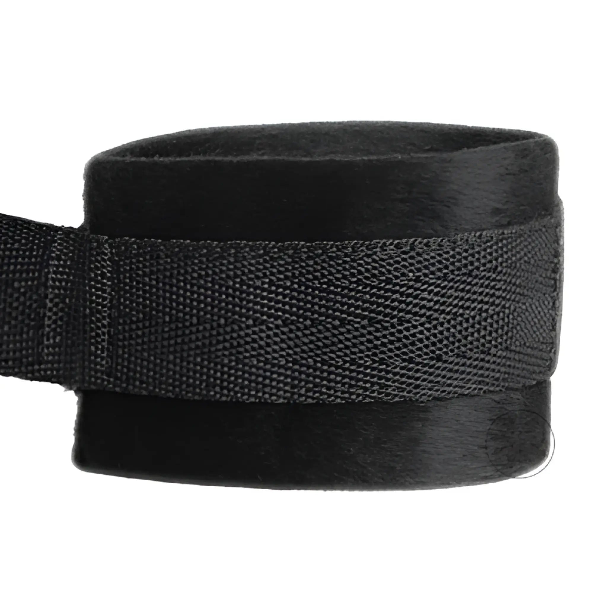 Frisky Beginner Fleece Bed Restraints Kit: A close-up of a soft, black fleece-lined restraint cuff with webbing strap.