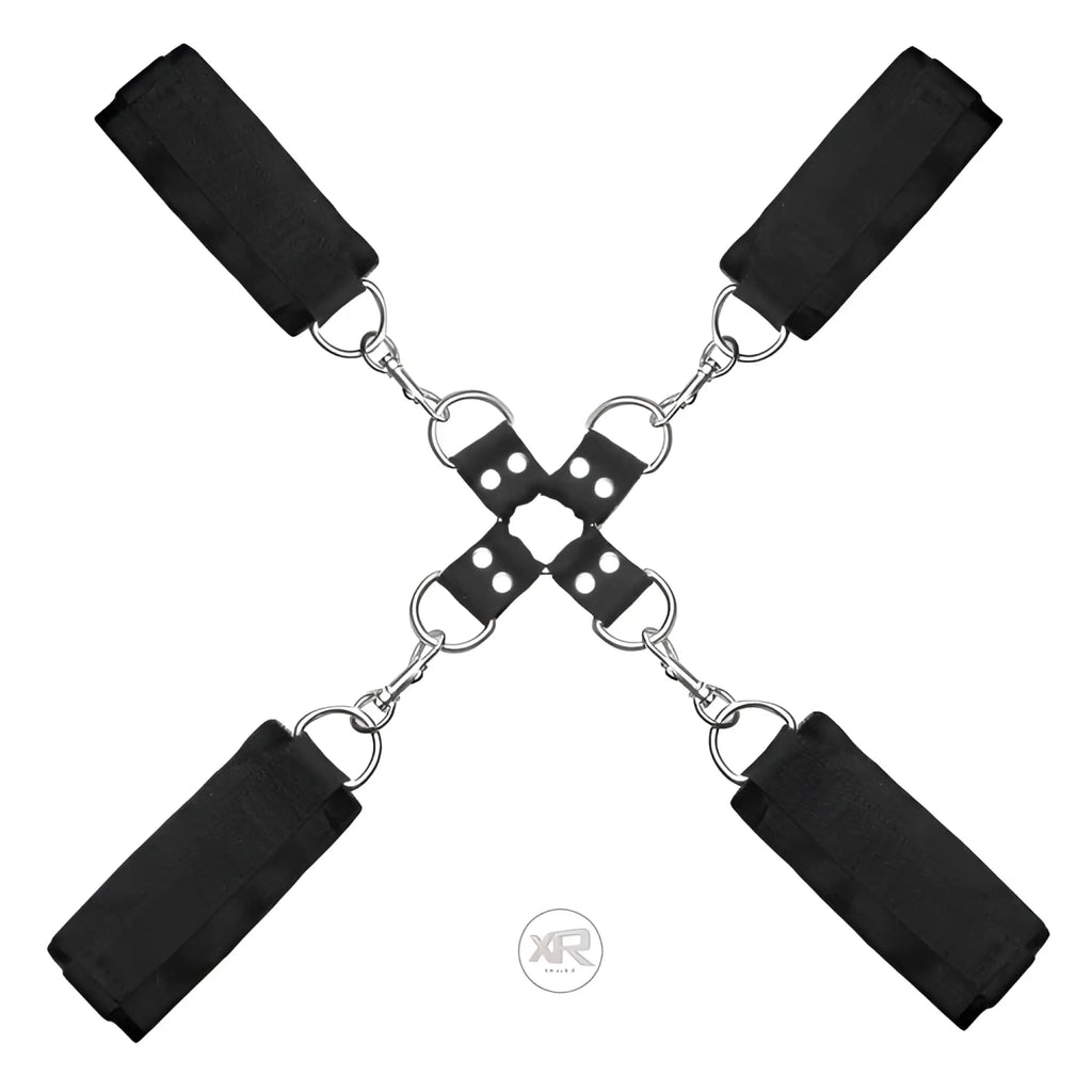 Frisky Beginner Fleece Hog-Tie System: four black fleece-lined cuffs connected by a central metal ring harness.