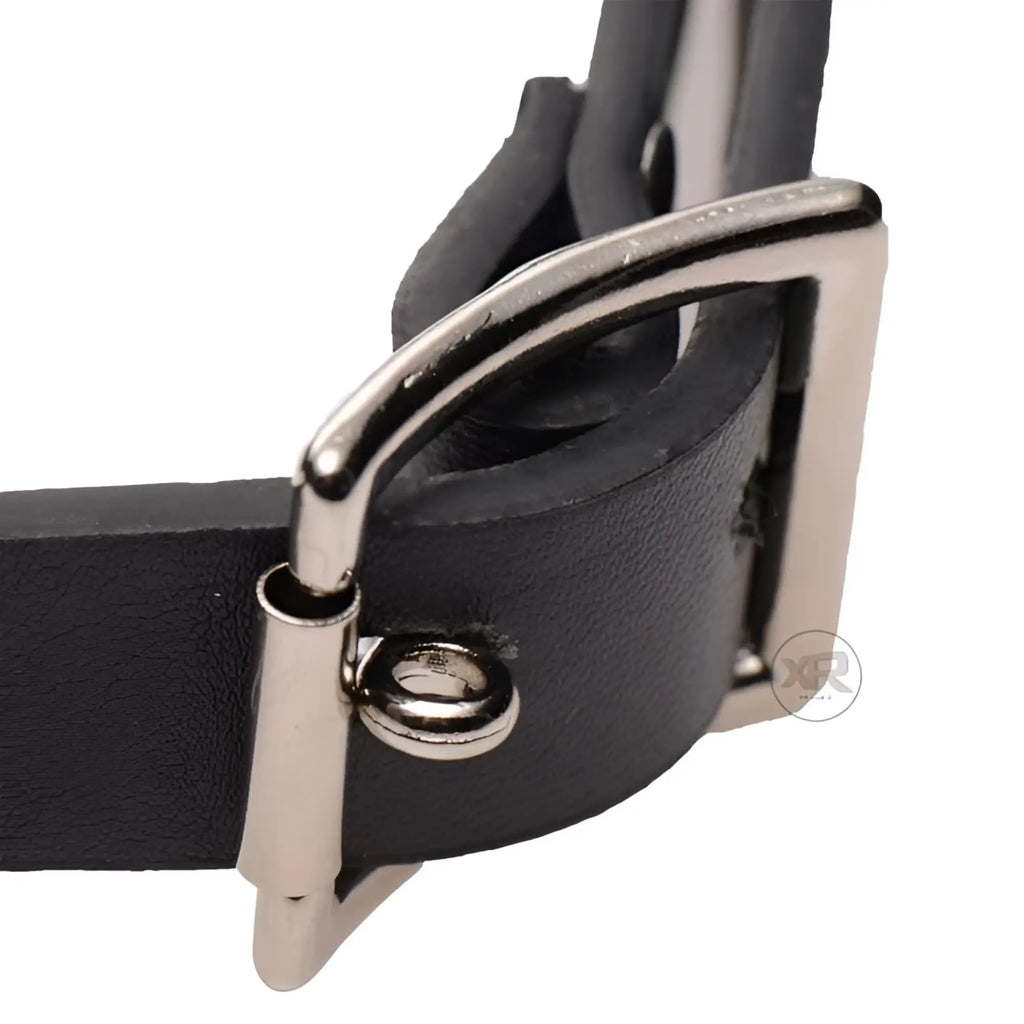 Frisky Beginner Locking Penis Gag: Black leather strap with a metallic silver buckle and locking hardware.