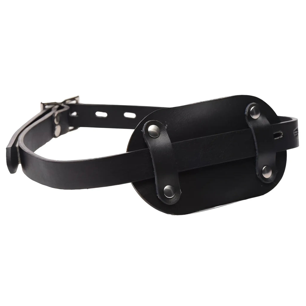 Frisky Beginner Locking Penis Gag: A black leather belt with an oval-shaped panel, secured by silver-tone metal studs.