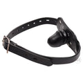 Frisky Beginner Locking Penis Gag: Black leather strap with buckle and a central black phallic-shaped plug.